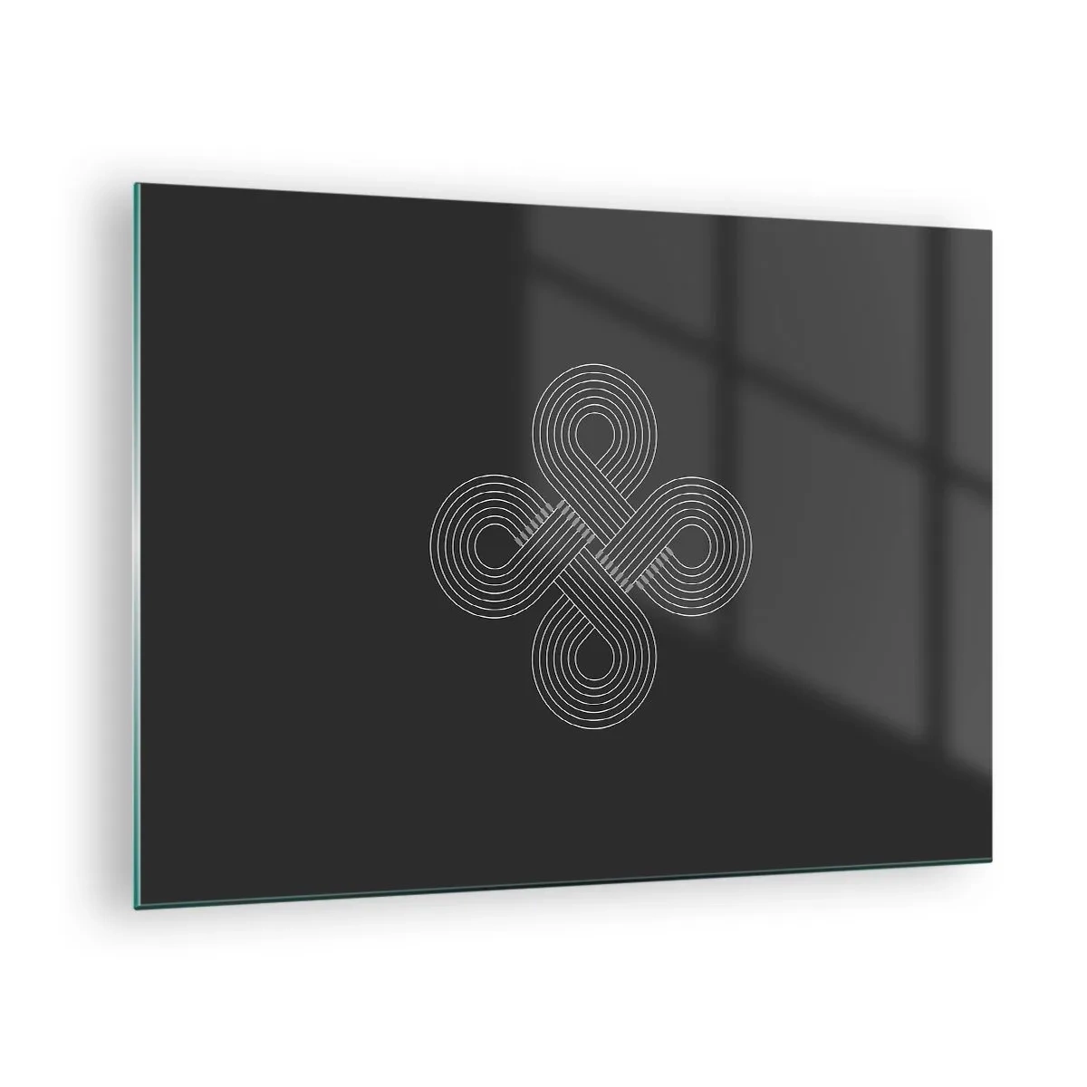 Glastavla - Bild på glas - Minimalistisk vit keltisk symbol på svart bakgrund - 70x50cm - I keltisk anda - Modern väggdekoration för vardagsrum och sovrum ARTTOR