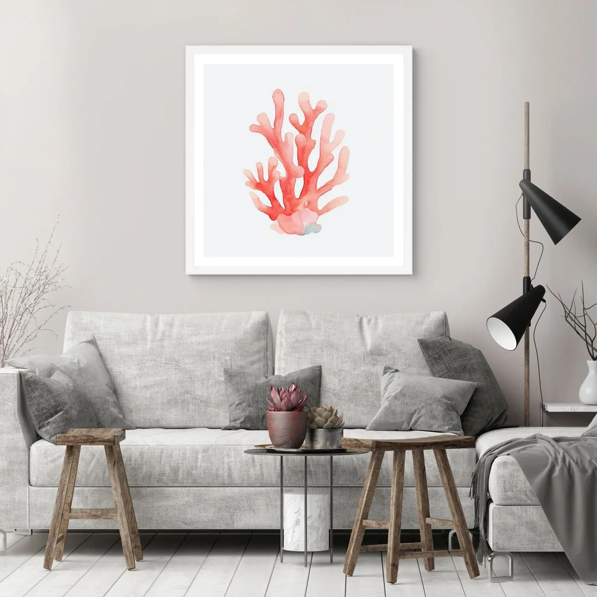 Affisch i vit ram - Korallfärgad korall - 40x40 cm