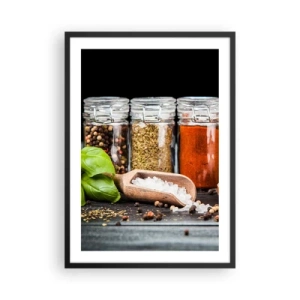 Affisch i svart ram - Burkar med kryddor på en mörk bakgrund - 50x70cm - Så att livet har smak - Modern väggdekoration för vardagsrum och sovrum ARTTOR