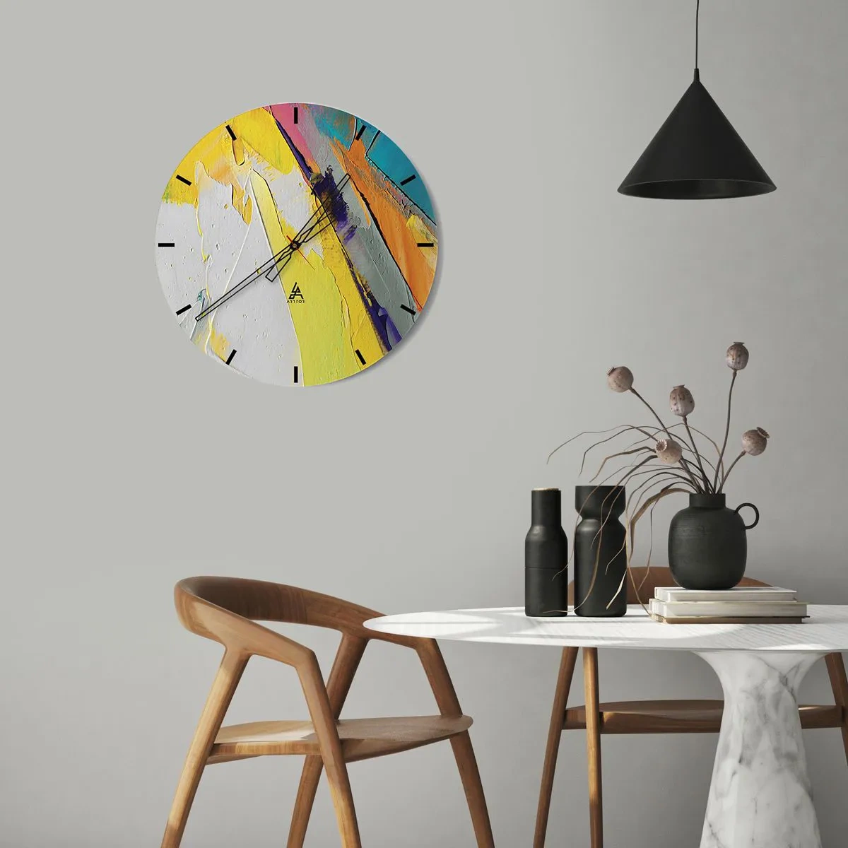 Väggklocka - Klocka på glas - Färgglad abstraktion med en övervikt av gult, vitt och blått - 30x30cm - Världens anatomi - Modern väggdekoration för vardagsrum, kök och sovrum ARTTOR