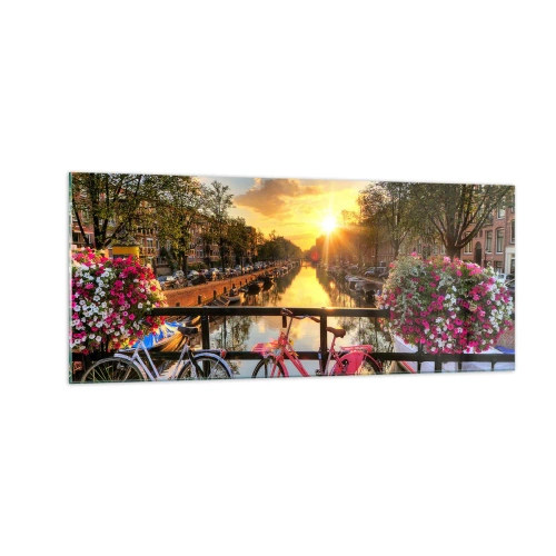 Glastavla - Bild på glas - Vårmorgon i Amsterdam - 100x40 cm
