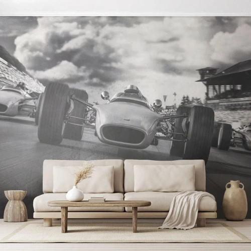 Fototapet Standard Eco - Retro racerbilar på banan i ett dynamiskt perspektiv - 100x70cm - Kraften finns! - Modern väggdekoration för vardagsrum och sovrum ARTTOR