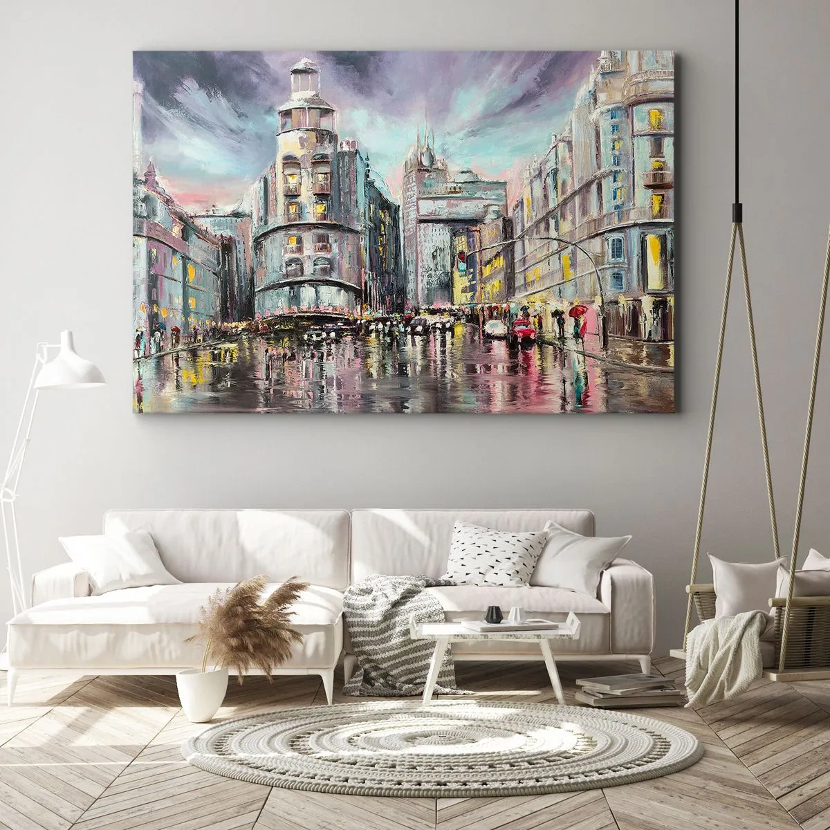 Canvastavla - Bild på duk - Kvällsvy över staden med reflektioner på den våta gatan - 70x50cm - Det blir en lyckad kväll - Modern väggdekoration för vardagsrum och sovrum ARTTOR