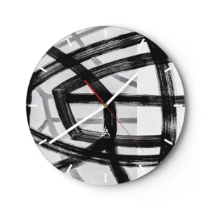 Väggklocka - Klocka på glas - Dynamiska svarta penseldrag som skapar tredimensionella mönster - 30x30cm - Att skapa djupet - Modern väggdekoration för vardagsrum, kök och sovrum ARTTOR