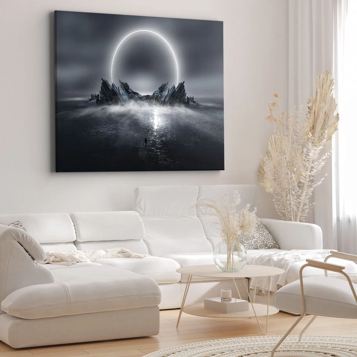 Canvastavla - Bild på duk - Mystiskt landskap med en ljusring över bergen - 70x50cm - En berättelses final - Modern väggdekoration för vardagsrum och sovrum ARTTOR