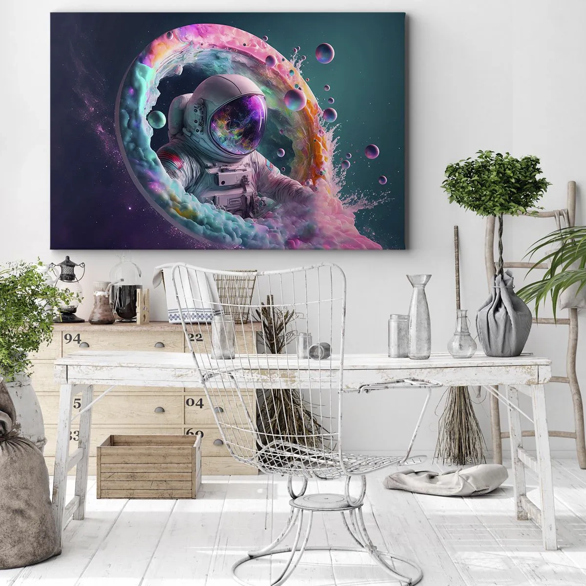 Canvastavla - Bild på duk - Astronaut i en färgglad kosmisk aura - 70x50cm - Stjärnport - Modern väggdekoration för vardagsrum och sovrum ARTTOR
