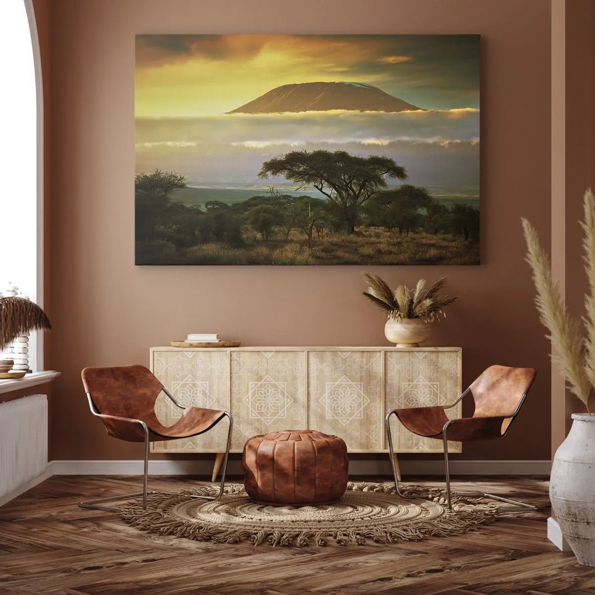 Canvastavla - Bild på duk - Afrikanskt landskap med Kilimanjaro vid soluppgången - 70x50cm - Resenärens dröm - Modern väggdekoration för vardagsrum och sovrum ARTTOR