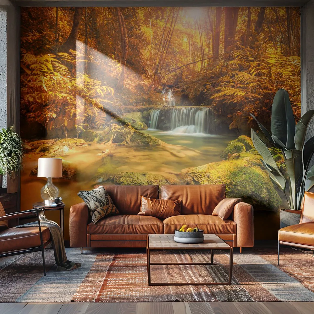 Fototapet Standard Eco - Skogkaskad i gult - Landskap, Vattenfall, Thailand - 400x280 cm