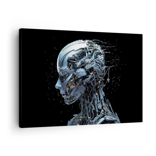 Canvastavla - Bild på duk - Futuristiskt porträtt av en cyborg i industriell stil mot svart bakgrund. - 70x50cm - Teknik är en kvinna - Modern väggdekoration för vardagsrum och sovrum ARTTOR
