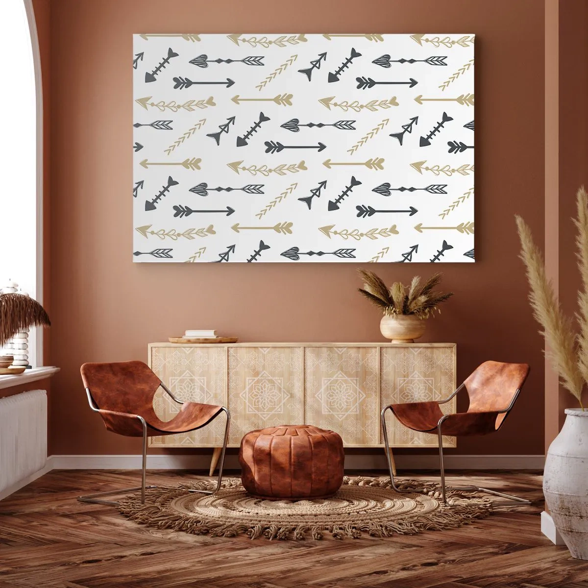 Canvastavla - Bild på duk - Ett minimalistiskt mönster med pilar i beige och grå färger. - 70x50cm - Pilbågsskyttens sömn - Modern väggdekoration för vardagsrum och sovrum ARTTOR