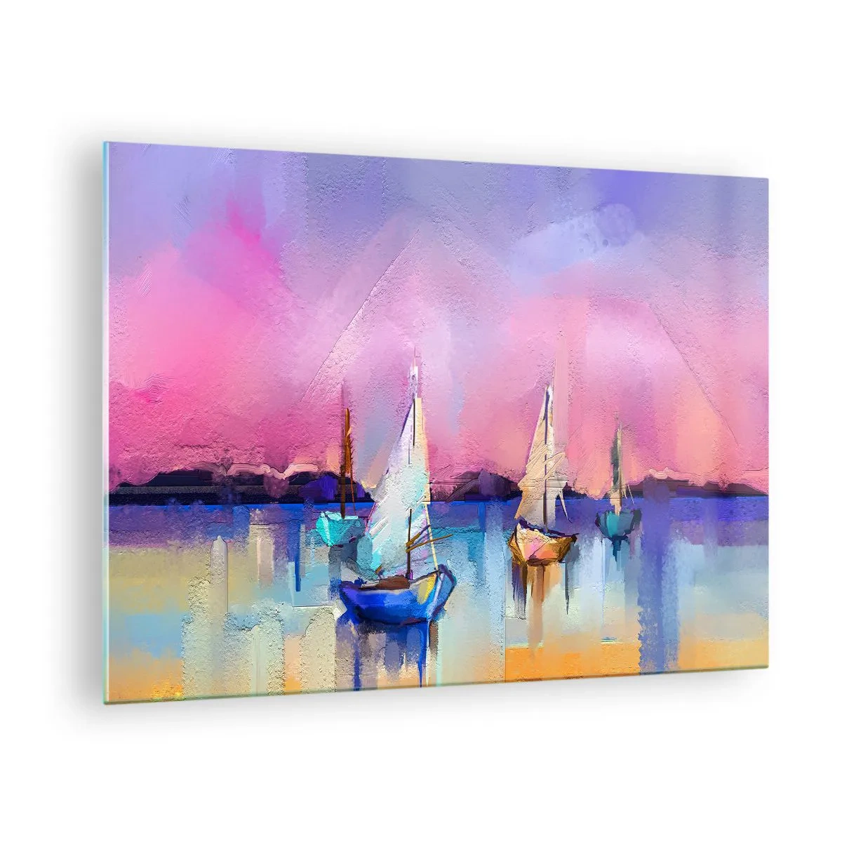 Glastavla - Bild på glas - Abstrakt marina med segelbåtar vid solnedgången - 70x50cm - Riktning: öppet vatten - Modern väggdekoration för vardagsrum och sovrum ARTTOR