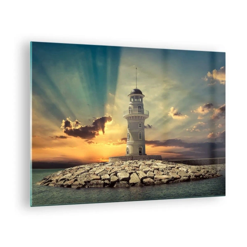 Glastavla - Bild på glas - En fyr mot bakgrund av den nedgående solen - 70x50cm - Ljus - Godhet - Skönhet - Modern väggdekoration för vardagsrum och sovrum ARTTOR