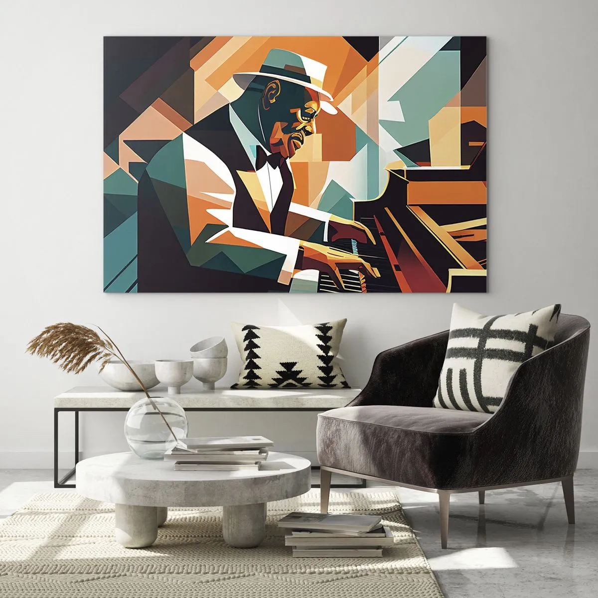 Glastavla - Bild på glas - Ett färgstarkt porträtt av en pianist i jazzstil - 70x50cm - Allt som är jazz - Modern väggdekoration för vardagsrum och sovrum ARTTOR