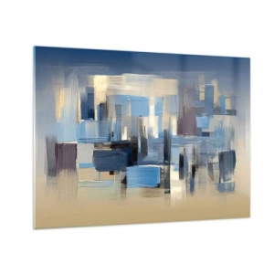 Glastavla - Bild på glas - Geometriska penseldrag i nyanser av blått och beige - 70x50cm - Blå konstruktion - Modern väggdekoration för vardagsrum och sovrum ARTTOR