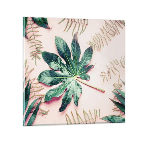 Glastavla - Bild på glas - Grönskans studie mot rosa bakgrund - 30x30 cm
