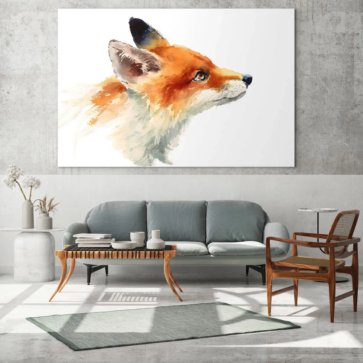 Glastavla - Bild på glas - Akvarell illustration av en räv som tittar in i fjärran - 70x50cm - Försiktighet skadar aldrig - Modern väggdekoration för vardagsrum och sovrum ARTTOR