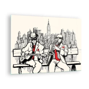 Glastavla - Bild på glas - Två jazzmusiker spelar mot bakgrund av stadens silhuett - 70x50cm - New Yorks improvisation - Modern väggdekoration för vardagsrum och sovrum ARTTOR