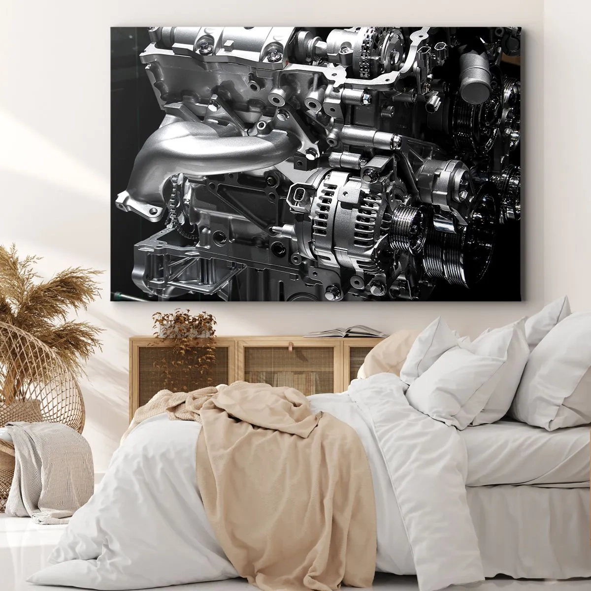 Canvastavla - Bild på duk - Närbild av metallmotordelar mot svart bakgrund - 70x50cm - Stål, vacker, stark - Modern väggdekoration för vardagsrum och sovrum ARTTOR