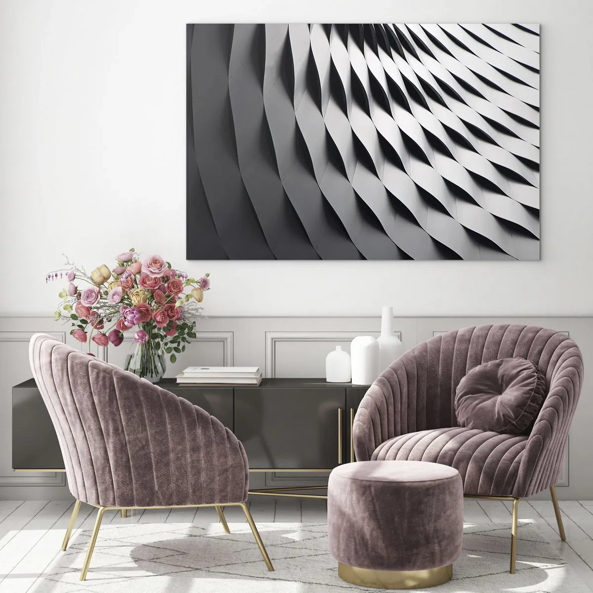 Glastavla - Bild på glas - En abstrakt svartvit struktur som liknar vågiga former. - 70x50cm - På vågornas yta - Modern väggdekoration för vardagsrum och sovrum ARTTOR