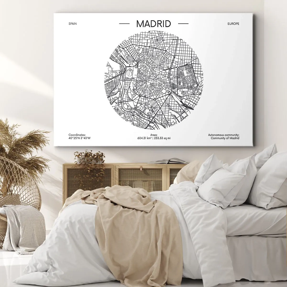 Canvastavla - Bild på duk - Karta över Madrid i minimalistisk svartvit stil - 70x50cm - Madrids anatomi - Modern väggdekoration för vardagsrum och sovrum ARTTOR