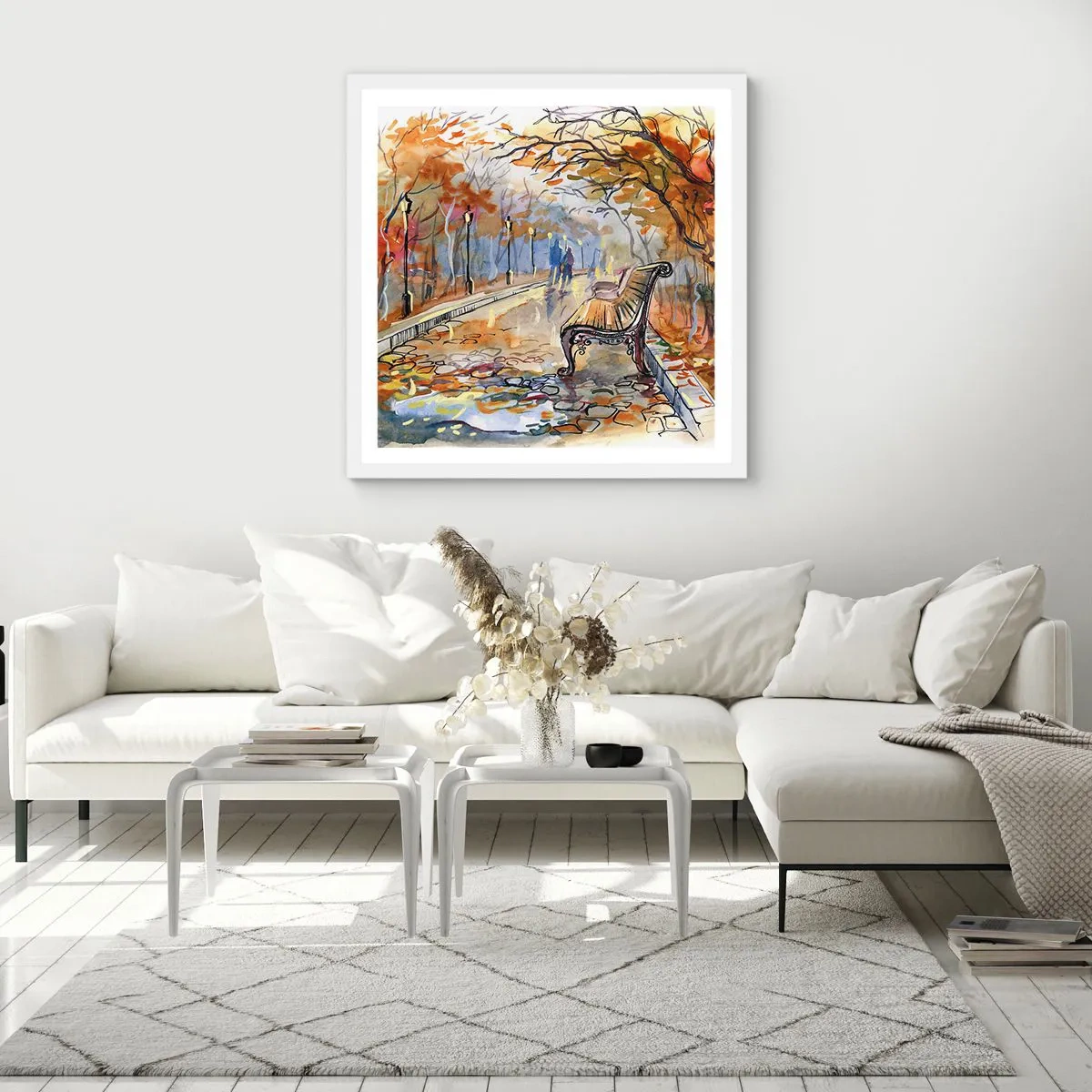 Affisch i vit ram - Vandra tillsammans mot hösten - 60x60 cm