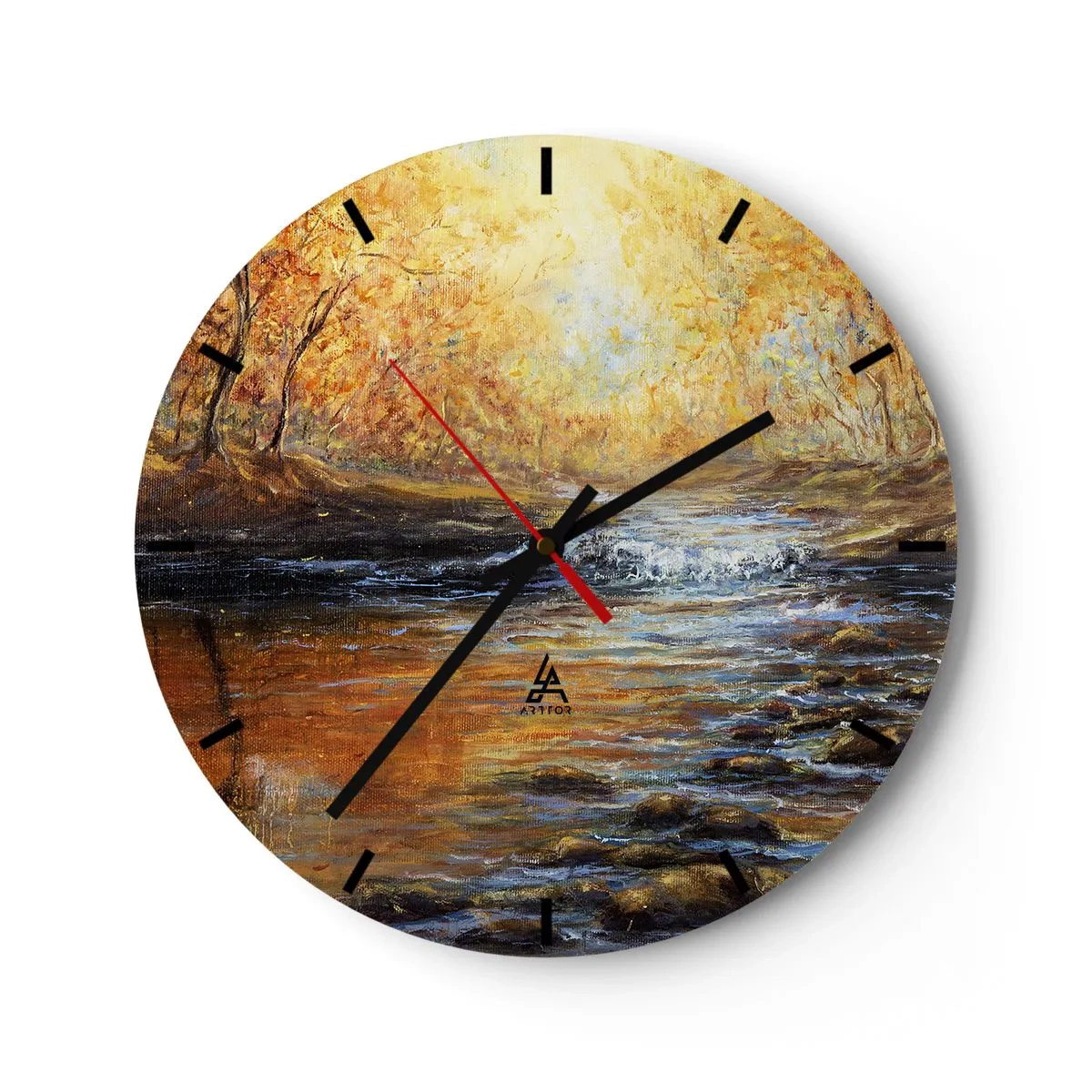 Väggklocka - Klocka på glas - Höstlandskap med en flod omgiven av gyllene träd - 30x30cm - Gyllene bäck - Modern väggdekoration för vardagsrum, kök och sovrum ARTTOR