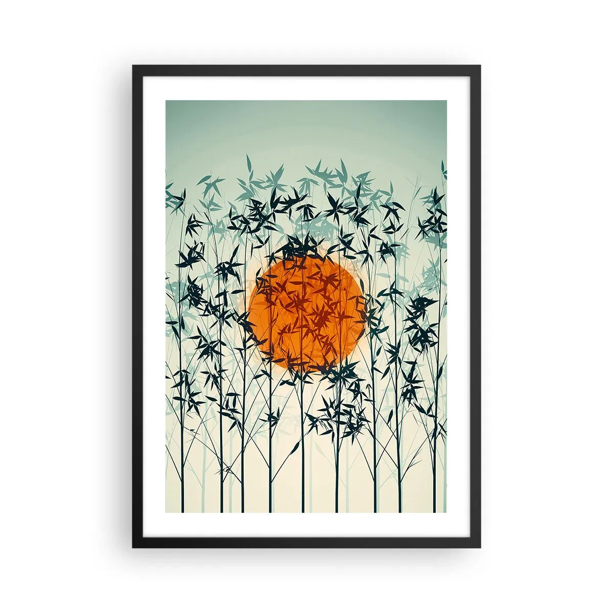 Affisch i svart ram - Solen bakom bambugrenarna - 50x70cm - Japansk sol - Modern väggdekoration för vardagsrum och sovrum ARTTOR