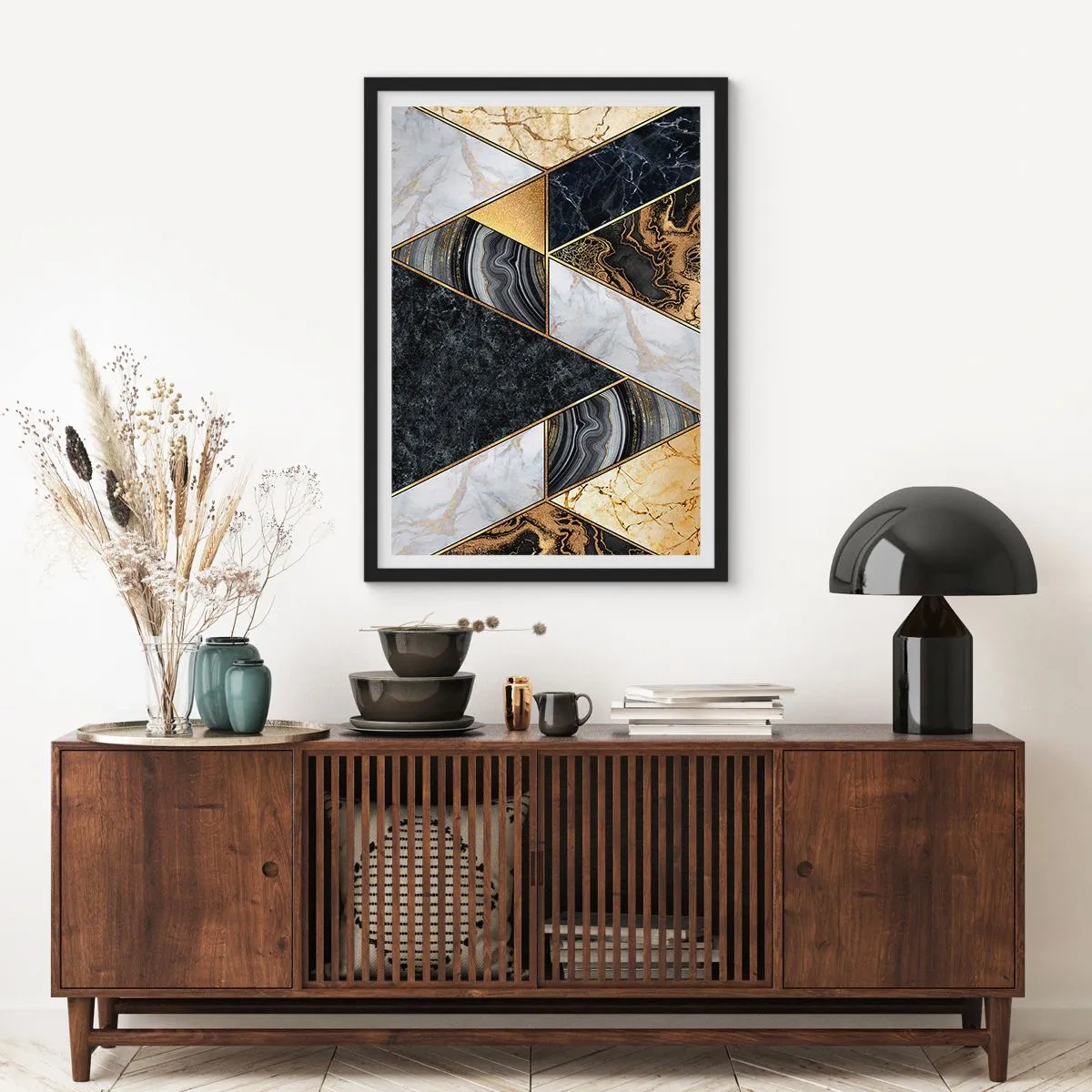 Affisch i svart ram - Marmorgeometri i nyanser av guld, svart och vitt - 50x70cm - Sten vid sten - Modern väggdekoration för vardagsrum och sovrum ARTTOR