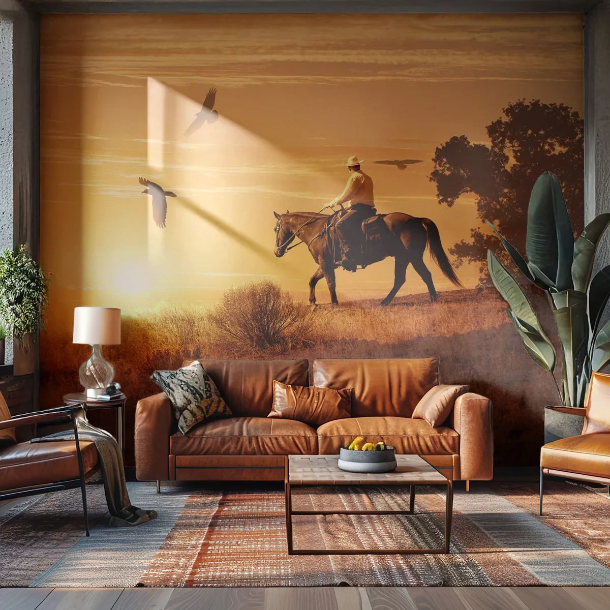Fototapet Premium Sand - Ensamt genom prärien - Häst, Cowboy, Landskap - 100x70 cm