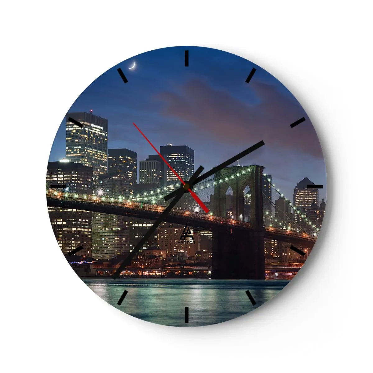 Väggklocka - Klocka på glas - Brooklynbron med utsikt över staden på natten - 30x30cm - Glödande natt - Modern väggdekoration för vardagsrum, kök och sovrum ARTTOR