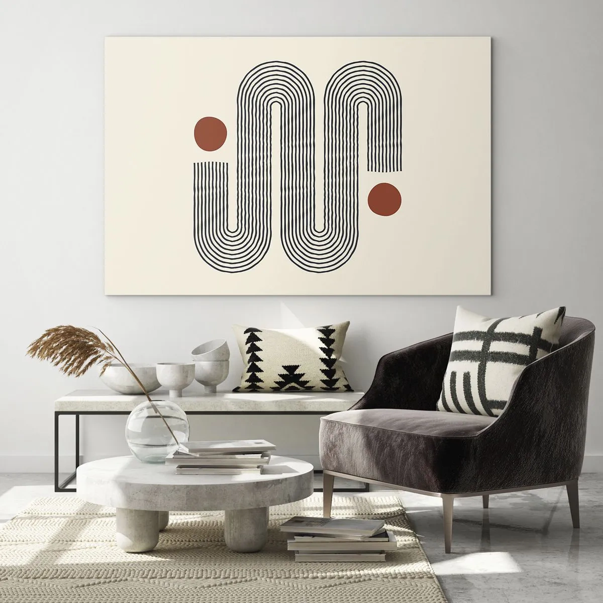 Glastavla - Bild på glas - Minimalistiskt linjemönster med röda prickar - 70x50cm - från början till slutet - Modern väggdekoration för vardagsrum och sovrum ARTTOR