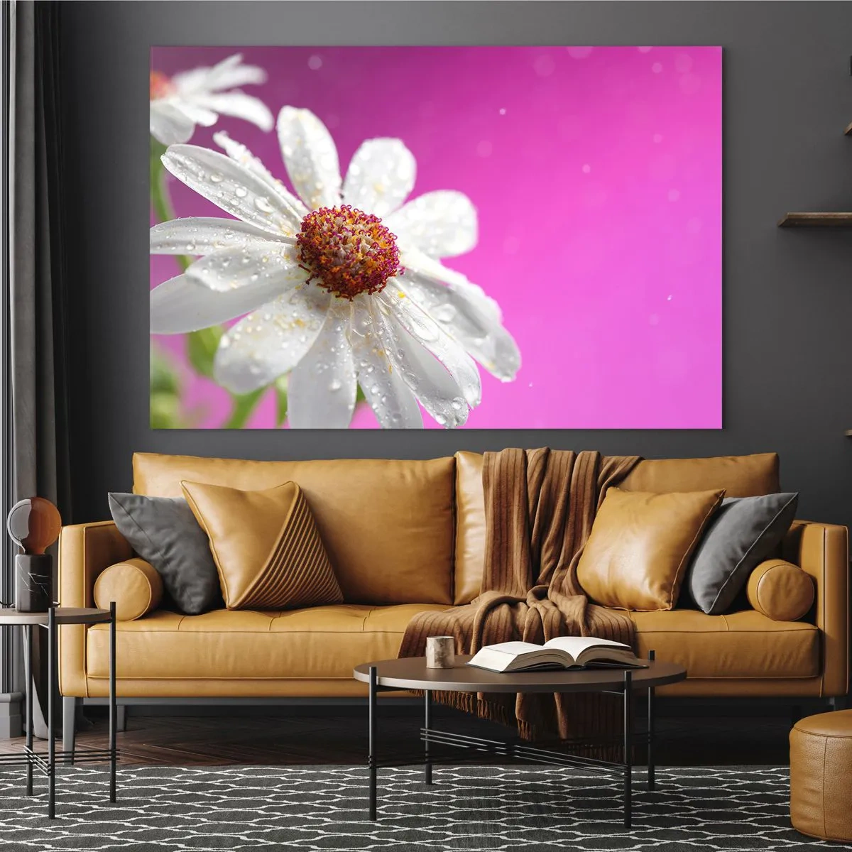 Glastavla - Bild på glas - Makrofotografi av en vit blomma med daggdroppar mot en rosa bakgrund - 70x50cm - Sparsam i sin skönhet - Modern väggdekoration för vardagsrum och sovrum ARTTOR