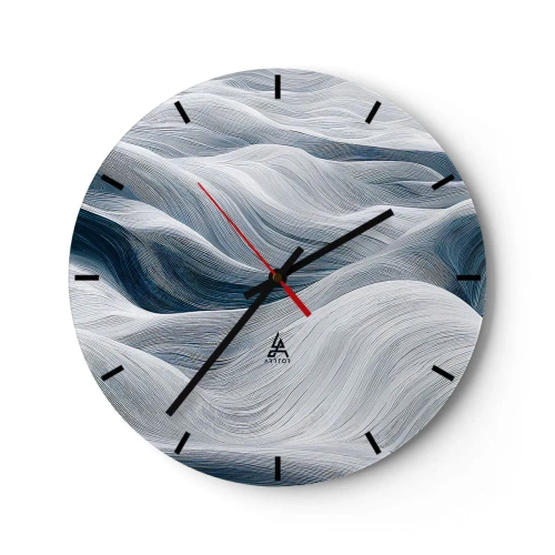 Väggklocka - Klocka på glas - Grafiska, vågiga linjer i vita och blå toner - 30x30cm - Vitblåa vågor - Modern väggdekoration för vardagsrum, kök och sovrum ARTTOR