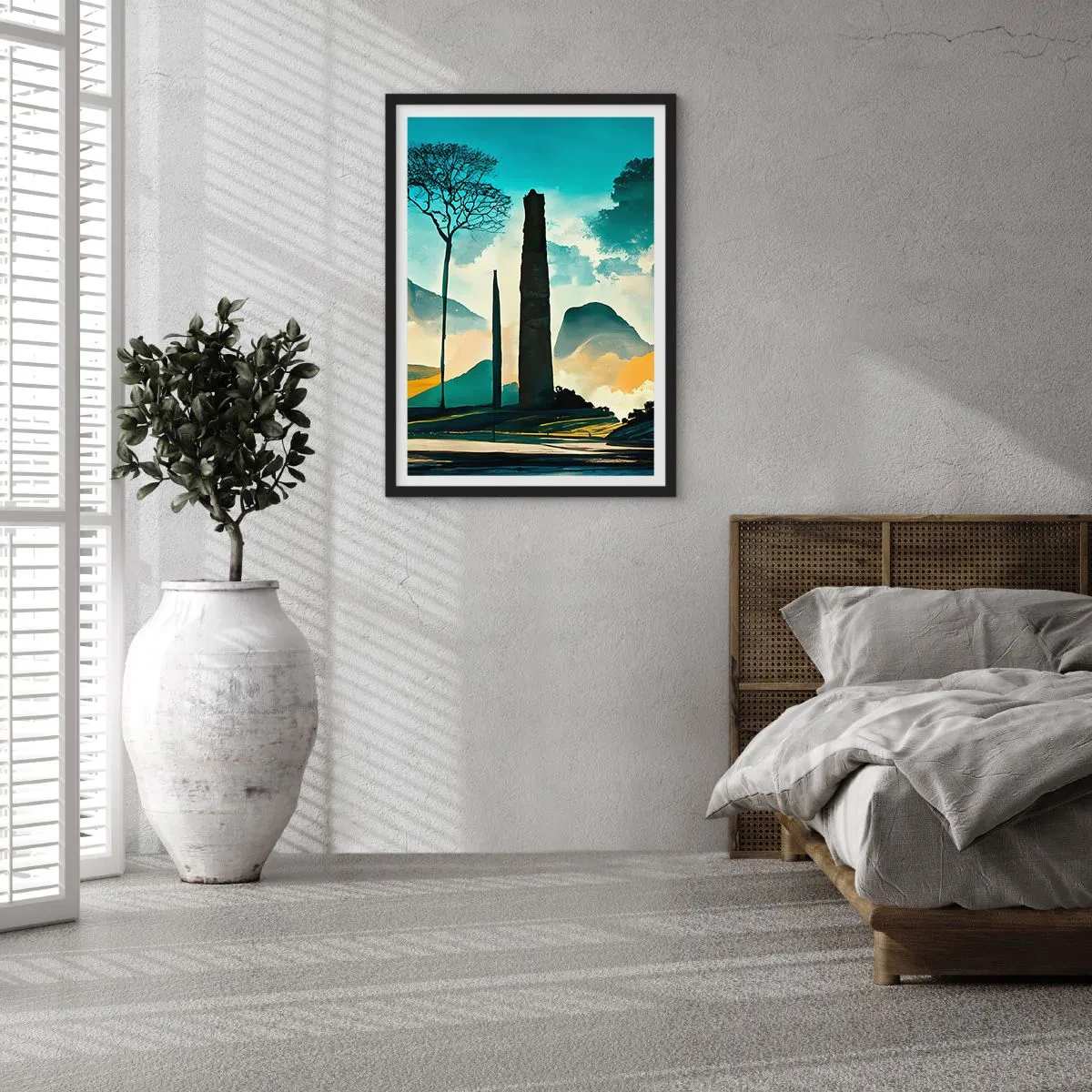 Affisch i svart ram - Ett mystiskt landskap med monumentala obelisker - 50x70cm - Fortfarande högre och högre - Modern väggdekoration för vardagsrum och sovrum ARTTOR