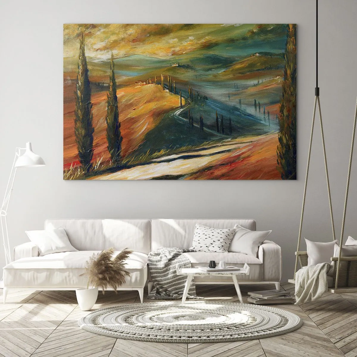 Glastavla - Bild på glas - Solnedgång över en toskansk kulle - 70x50cm - Toskanskt landskap - Modern väggdekoration för vardagsrum och sovrum ARTTOR
