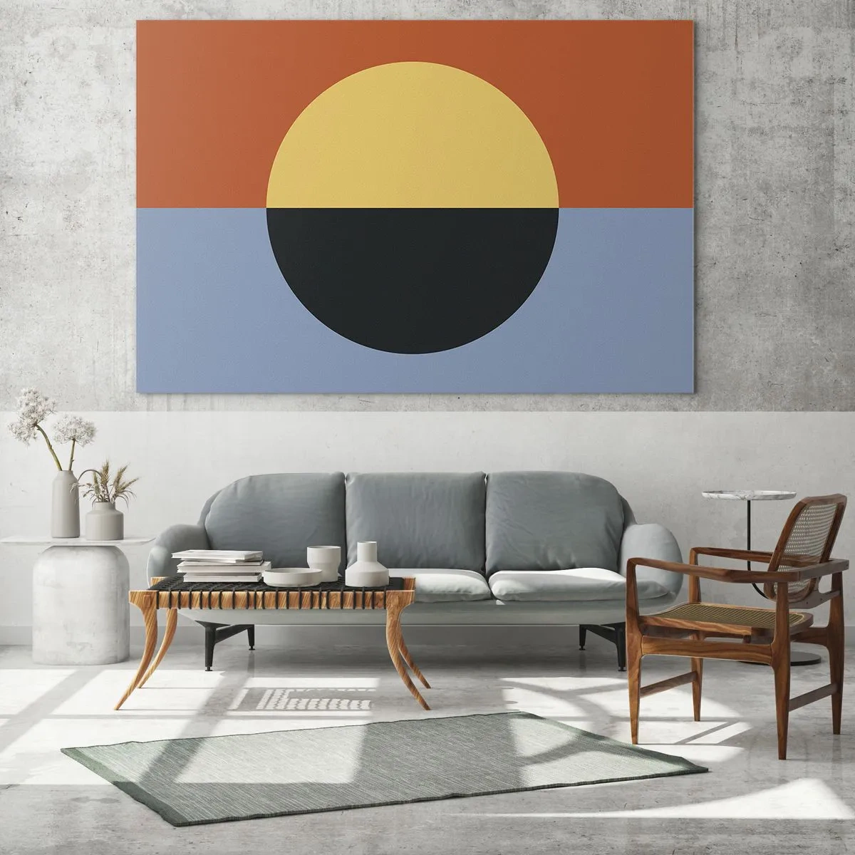 Glastavla - Bild på glas - Abstrakt komposition med en cirkel i varma och kalla nyanser - 70x50cm - Komposition av värme och kyla - Modern väggdekoration för vardagsrum och sovrum ARTTOR