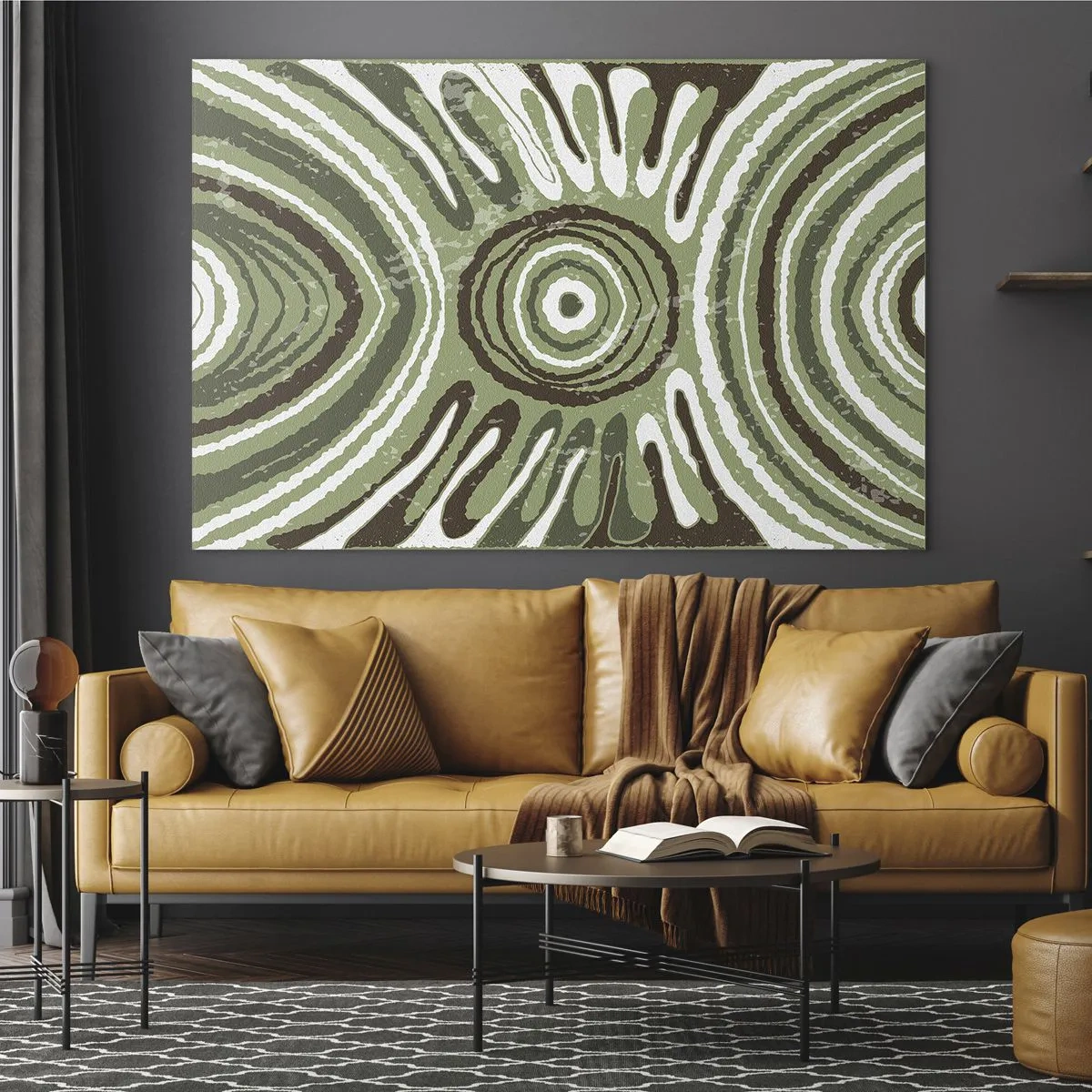 Glastavla - Bild på glas - Gröna koncentriska cirklar och abstrakta linjer - 70x50cm - Explosion av känslor - Modern väggdekoration för vardagsrum och sovrum ARTTOR