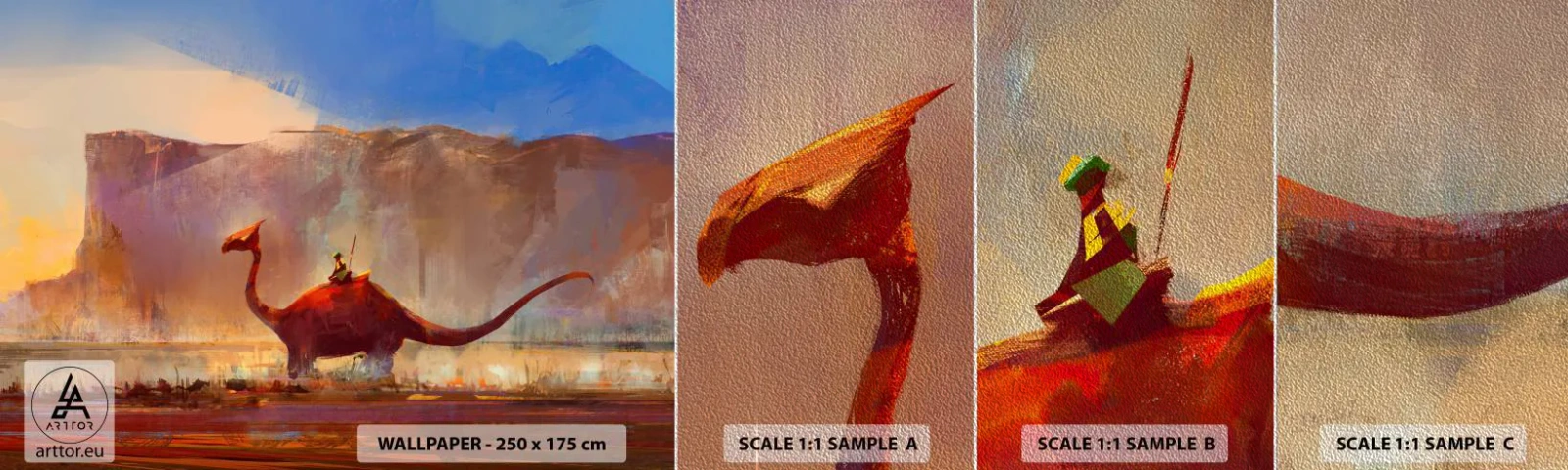 Provbit av fototapet Premium Sand - Om de inte dött ut - Abstraktion, Dinosaurie, Fantasi - 100x30 cm