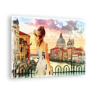 Glastavla - Bild på glas - En kvinna beundrar utsikten över Venedig i solnedgången. - 70x50cm - Äventyr endast i ... - Modern väggdekoration för vardagsrum och sovrum ARTTOR