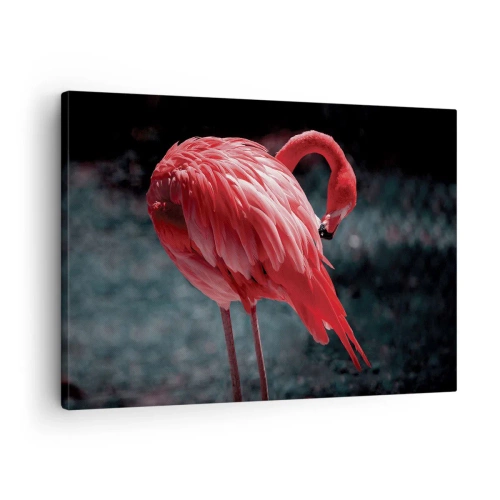 Canvastavla - Bild på duk - En rosa flamingo på en mörkgrön bakgrund - 70x50cm - Djuprött naturpoem - Modern väggdekoration för vardagsrum och sovrum ARTTOR