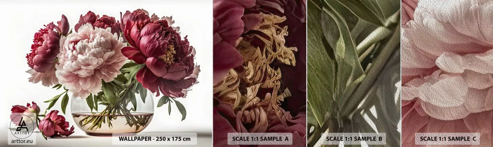 Provbit av fototapet Premium Sand - I full blom av skönhet - Blombukett, Vas, Pioner - 100x30 cm