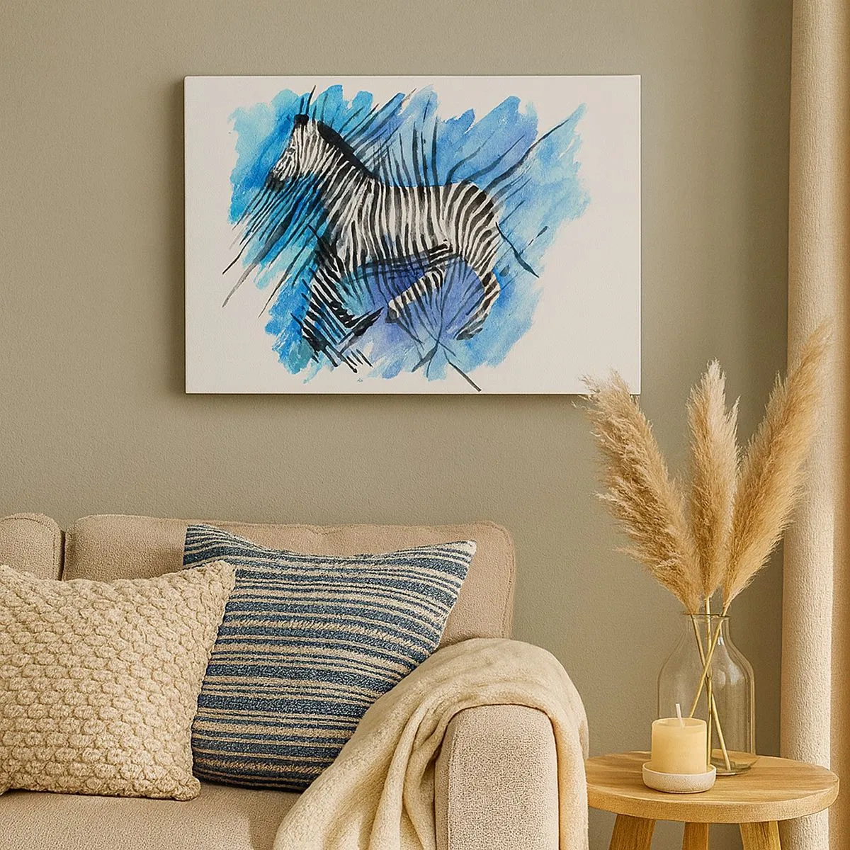Canvastavla - Bild på duk - Akvarell illustration av en zebra mot en blå himmel - 70x50cm - Gömd i ränderna - Modern väggdekoration för vardagsrum och sovrum ARTTOR