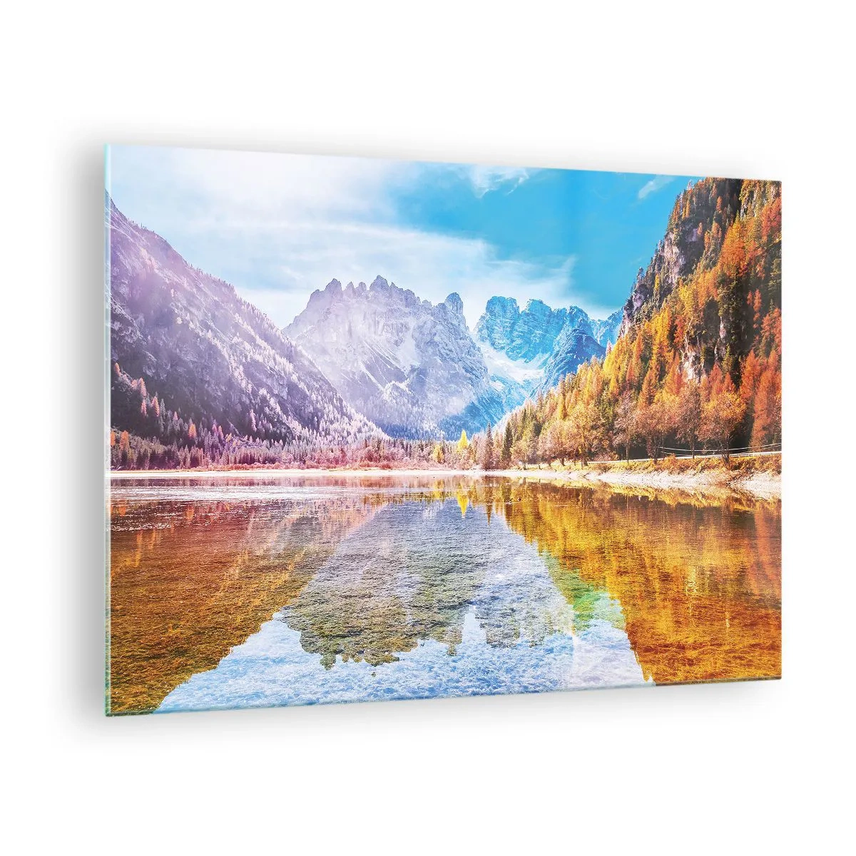 Glastavla - Bild på glas - Höstberg reflekterade i sjön, omgivna av färgglada träd - 70x50cm - Det är redan höst i fjällen - Modern väggdekoration för vardagsrum och sovrum ARTTOR