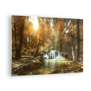Glastavla - Bild på glas - Ett vattenfall i en park omgiven av träd i höstfärger - 70x50cm - Parkkaskad - Modern väggdekoration för vardagsrum och sovrum ARTTOR