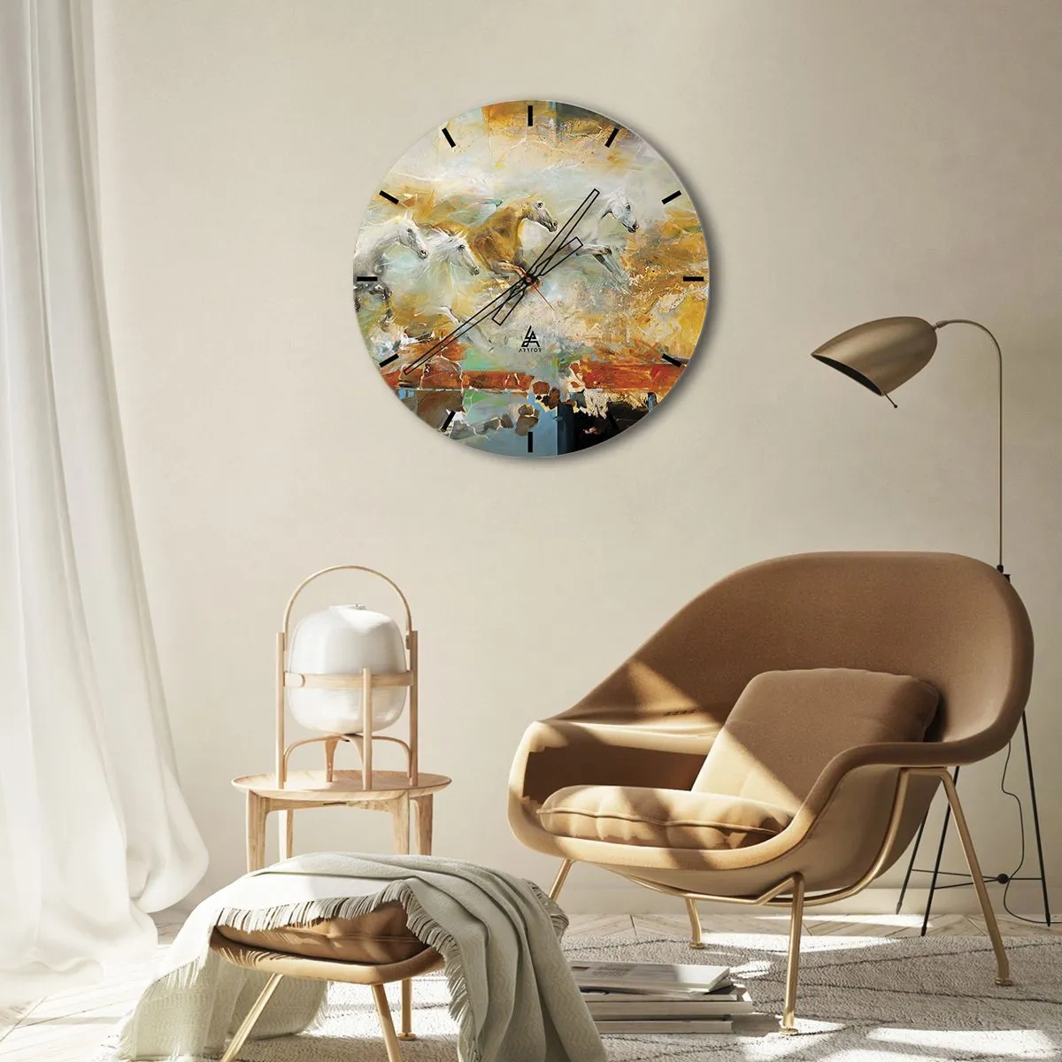 Väggklocka - Klocka på glas - Abstrakta hästar i dynamisk rörelse - 30x30cm - Galopp genom ljuset - Modern väggdekoration för vardagsrum, kök och sovrum ARTTOR