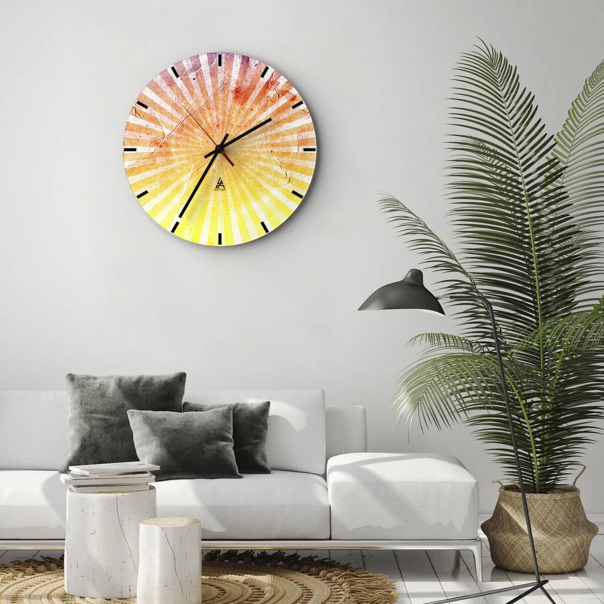 Väggklocka - Klocka på glas - Ett strålande mönster i soluppgångens och solnedgångens färger - 30x30cm - Solupp- och nedgångar - Modern väggdekoration för vardagsrum, kök och sovrum ARTTOR