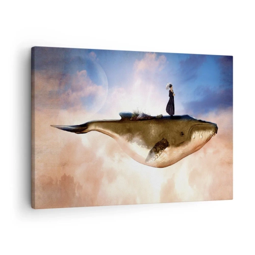 Canvastavla - Bild på duk - En fantastisk scen av en kvinna på en val bland molnen - 70x50cm - Överrealistisk resa - Modern väggdekoration för vardagsrum och sovrum ARTTOR