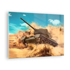 Glastavla - Bild på glas - En stridsvagn i rörelse i en öken med damm som flyger och en ljus himmel - 70x50cm - Oslagbar - Modern väggdekoration för vardagsrum och sovrum ARTTOR