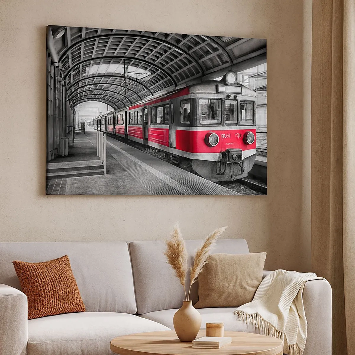 Canvastavla - Bild på duk - Rött tåg på stationen under tak - 70x50cm - Det är kanske livets resa? - Modern väggdekoration för vardagsrum och sovrum ARTTOR