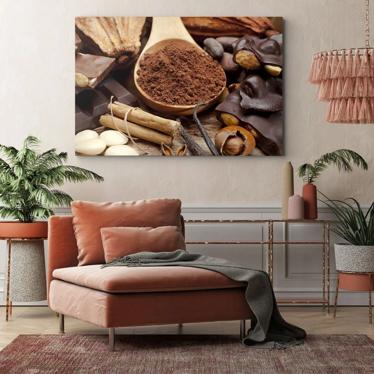 Canvastavla - Bild på duk - En sked kakao- och chokladingredienser i ett rustikt arrangemang - 70x50cm - Bäst för sorgen - Modern väggdekoration för vardagsrum och sovrum ARTTOR